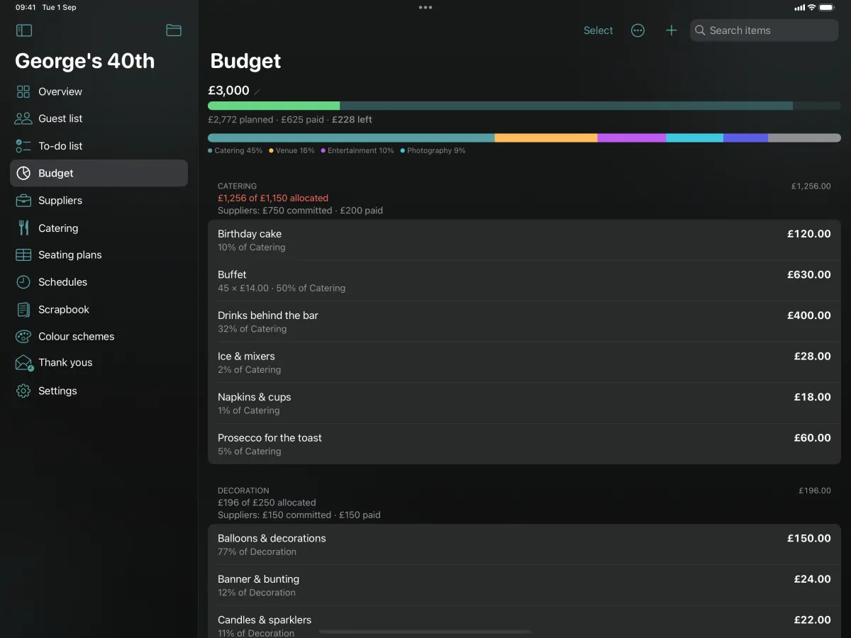 The budget on iPad: the total planned against what is committed, a bar breaking spending down by category, and each category listed with its own figures.