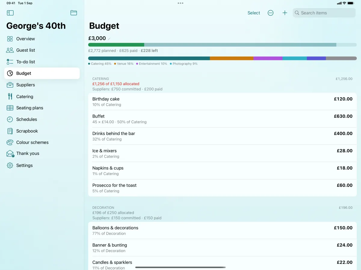 The budget on iPad: the total planned against what is committed, a bar breaking spending down by category, and each category listed with its own figures.