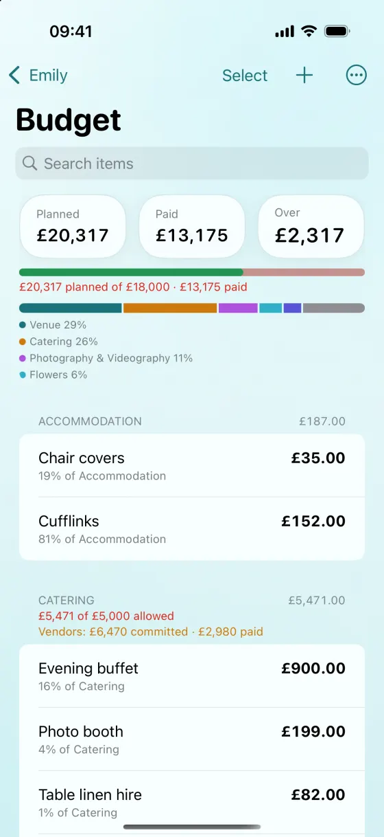 The budget on iPhone: planned, paid and over totals, a bar breaking spending down by category, and the individual costs beneath.