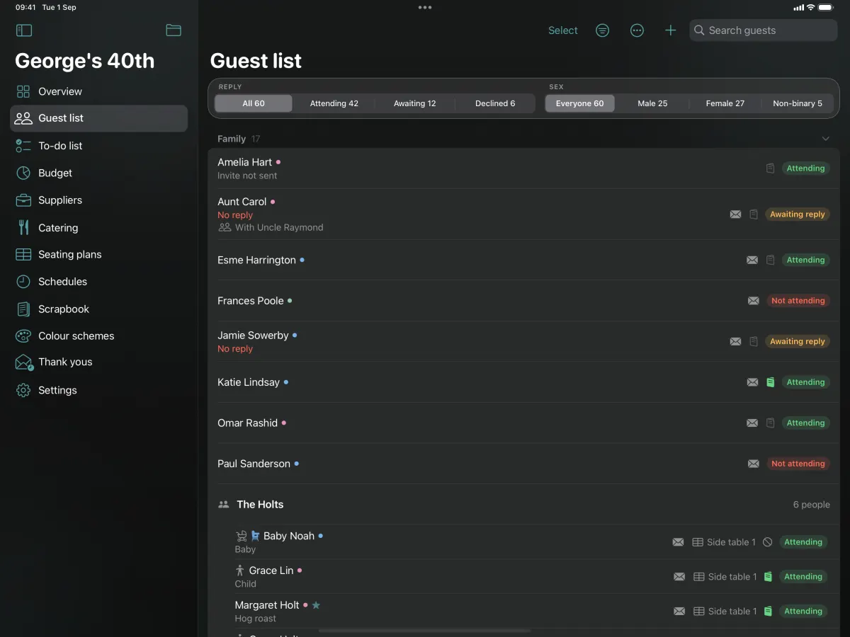 The guest list on iPad: guests grouped by household, each row showing their reply and any dietary or access needs.