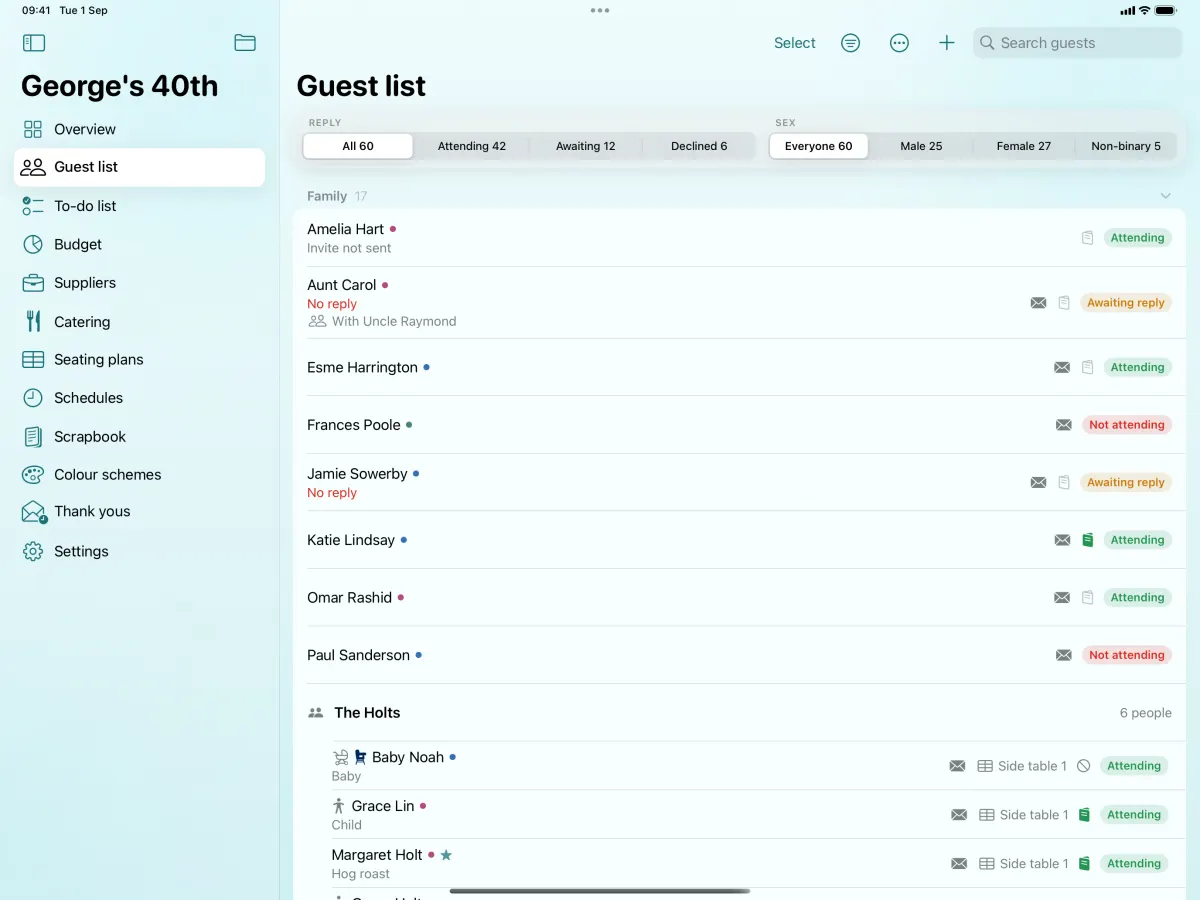 The guest list on iPad: guests grouped by household, each row showing their reply and any dietary or access needs.