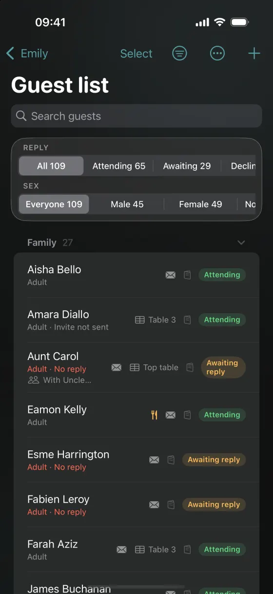 The guest list on iPhone: guests grouped by family, each row showing their reply, their table and any dietary or access needs.