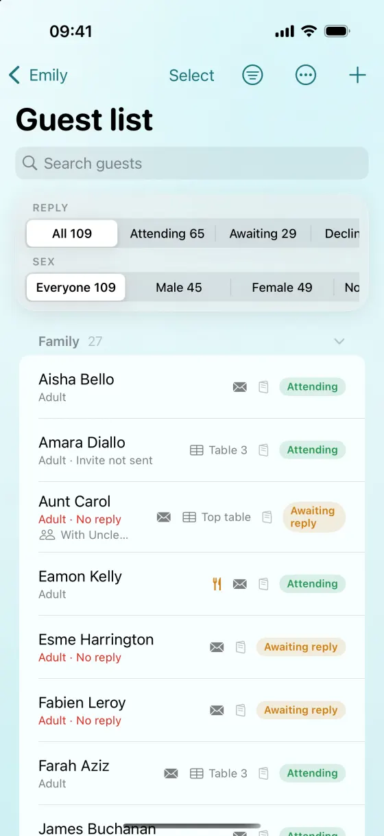 The guest list on iPhone: guests grouped by family, each row showing their reply, their table and any dietary or access needs.