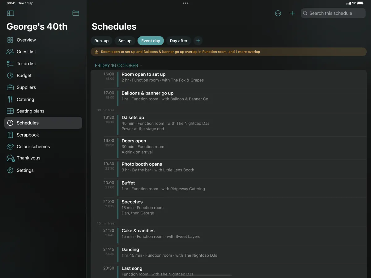 A running order on iPad: each entry with its time, length and place, and the free gaps marked between them.
