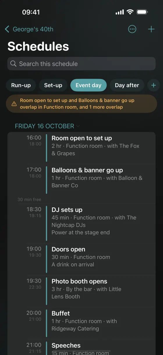 The running order on iPhone: the evening down the screen, times on the left and each entry with its length and place.