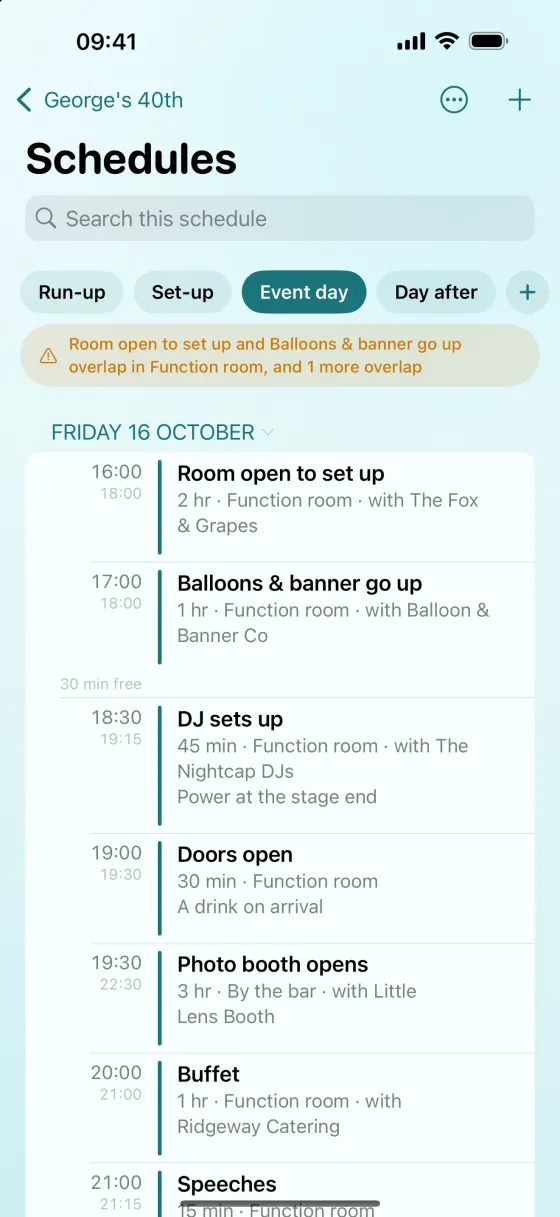 The running order on iPhone: the evening down the screen, times on the left and each entry with its length and place.