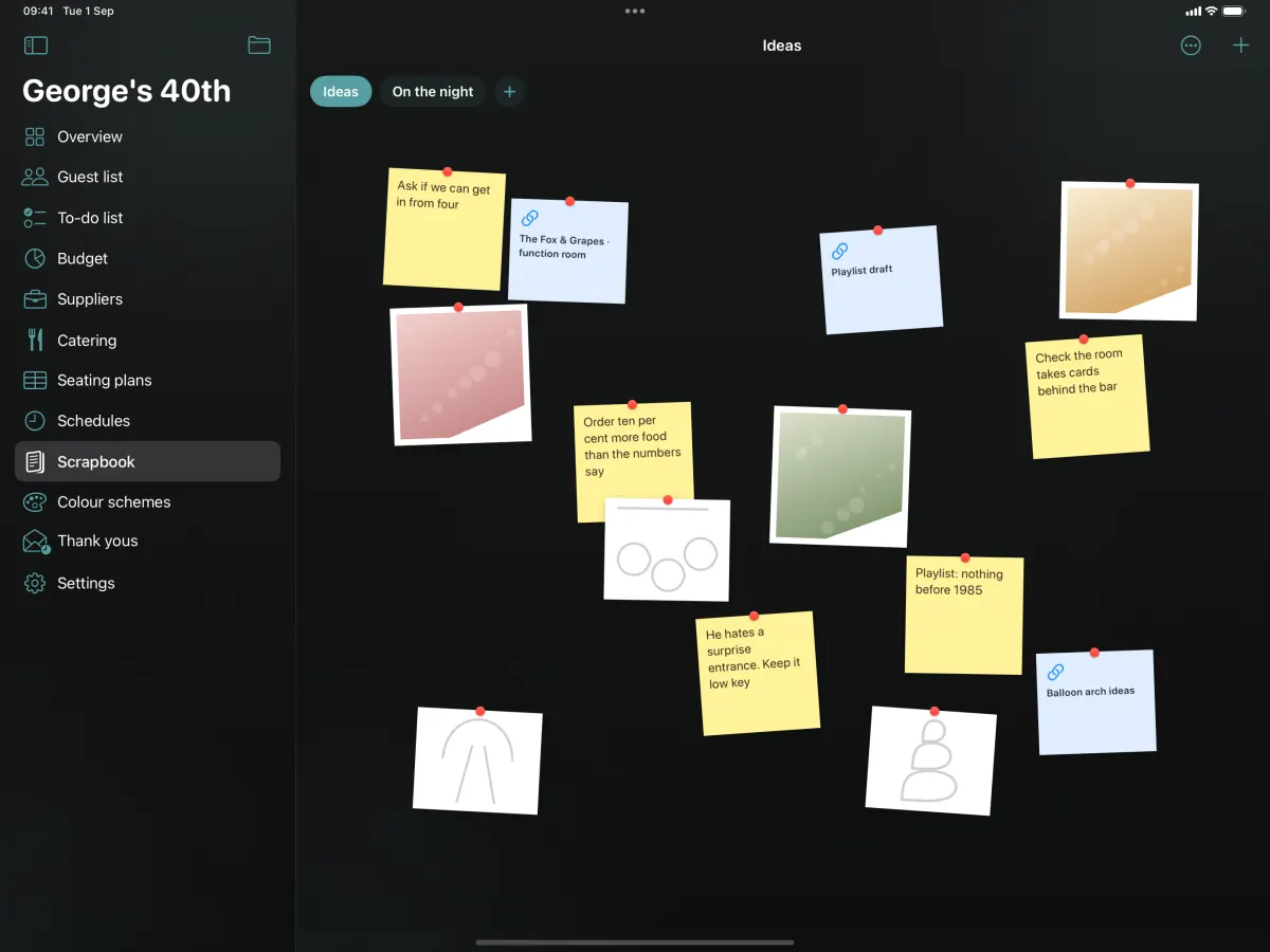 A scrapbook board on iPad: notes, photographs, links and sketches pinned across a wall.