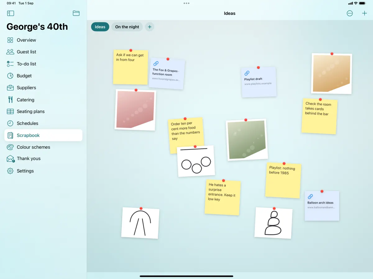 A scrapbook board on iPad: notes, photographs, links and sketches pinned across a wall.