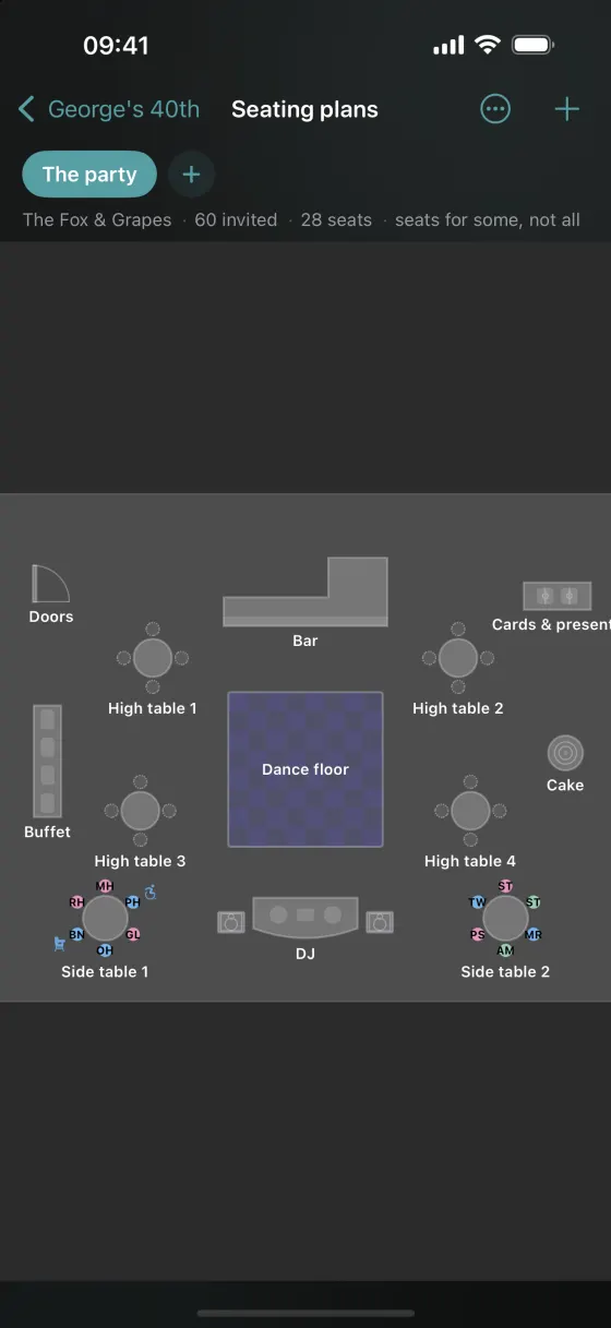 The same seating plan on iPhone, zoomed out so the whole room is on screen at once.
