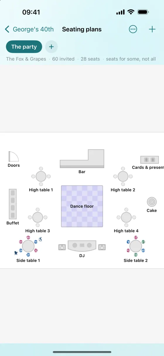 The same seating plan on iPhone, zoomed out so the whole room is on screen at once.