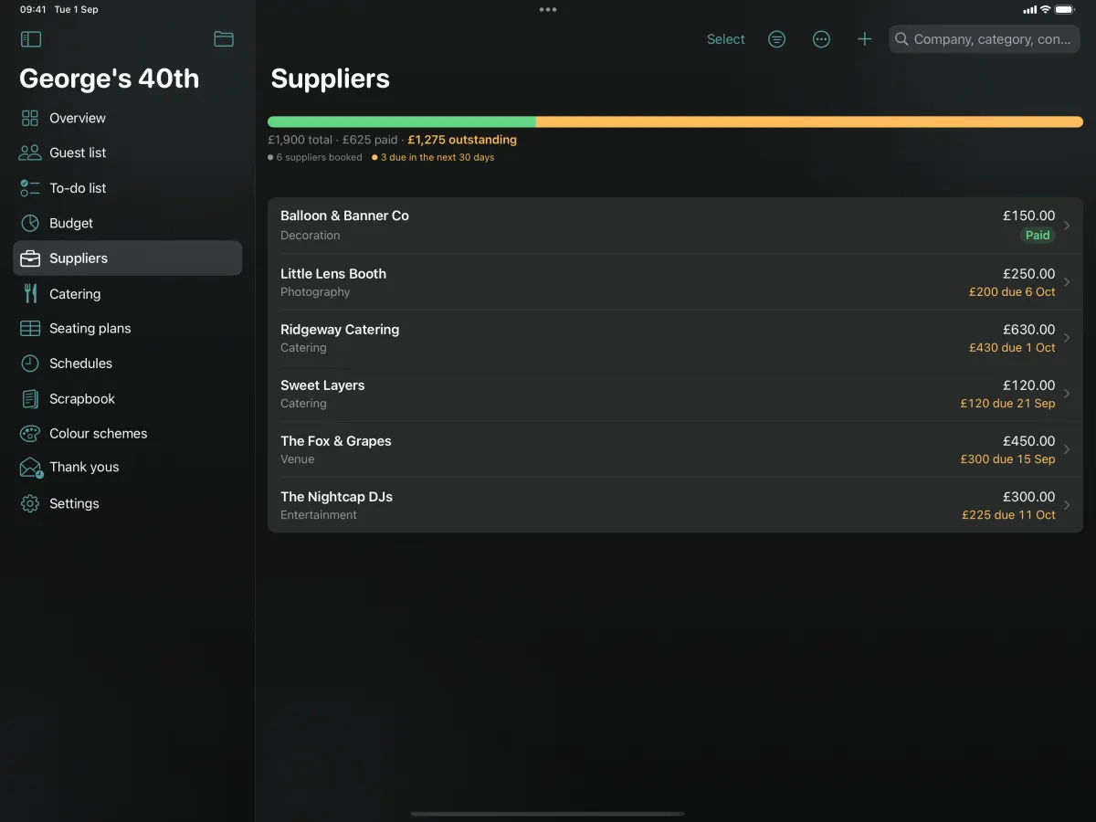 The supplier list on iPad: a bar showing paid, still to pay and overdue across the top, then each supplier with its category, total and what is due next.