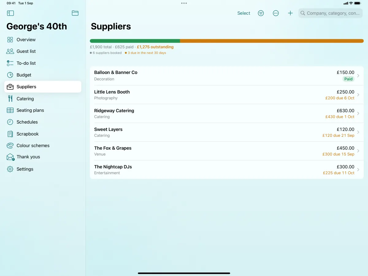 The supplier list on iPad: a bar showing paid, still to pay and overdue across the top, then each supplier with its category, total and what is due next.