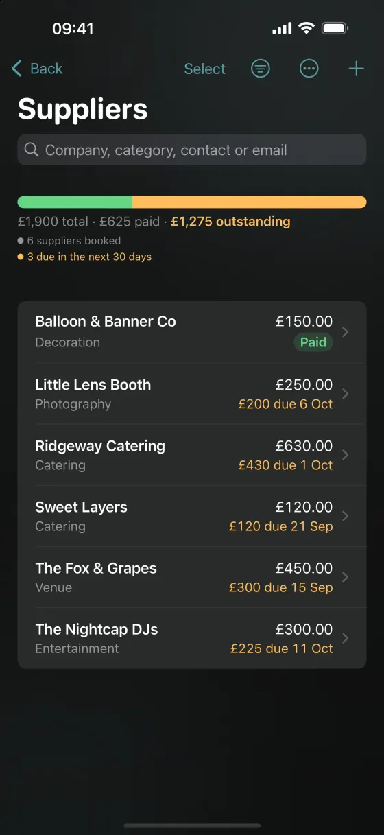 Suppliers on iPhone: the same totals, then each company with what is left to pay.