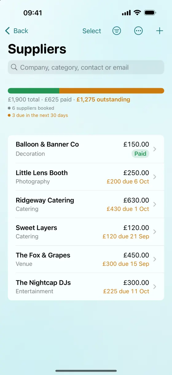 Suppliers on iPhone: the same totals, then each company with what is left to pay.