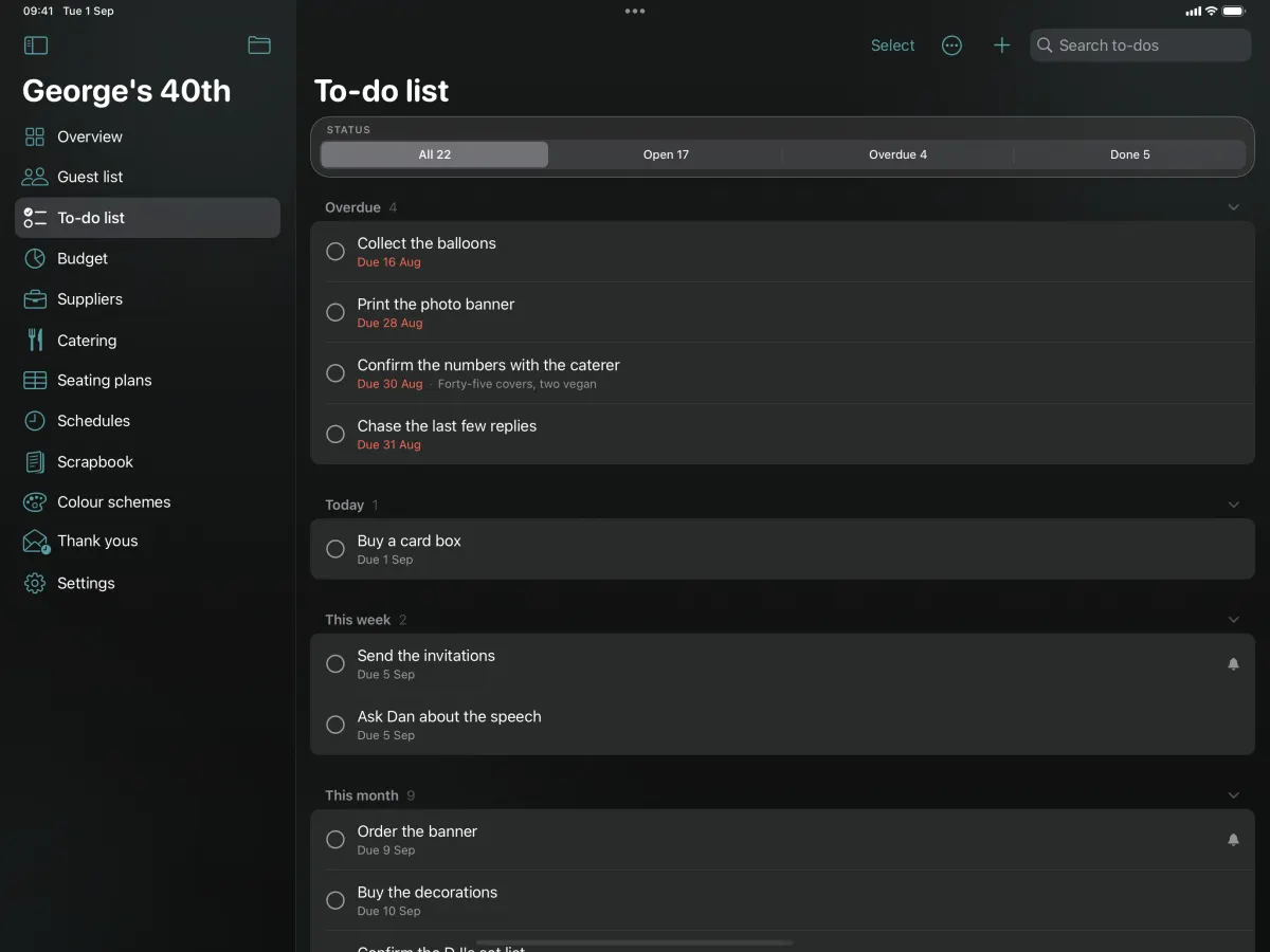 The to-do list on iPad: tasks with their due dates, the overdue ones marked, and who each one belongs to.