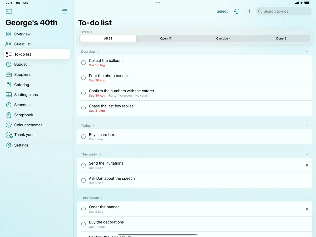 The to-do list on iPad: tasks with their due dates, the overdue ones marked, and who each one belongs to.