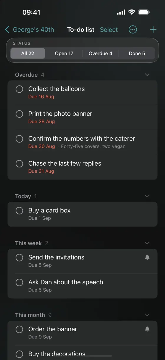 The to-do list on iPhone: the same tasks, with what is overdue at the top.