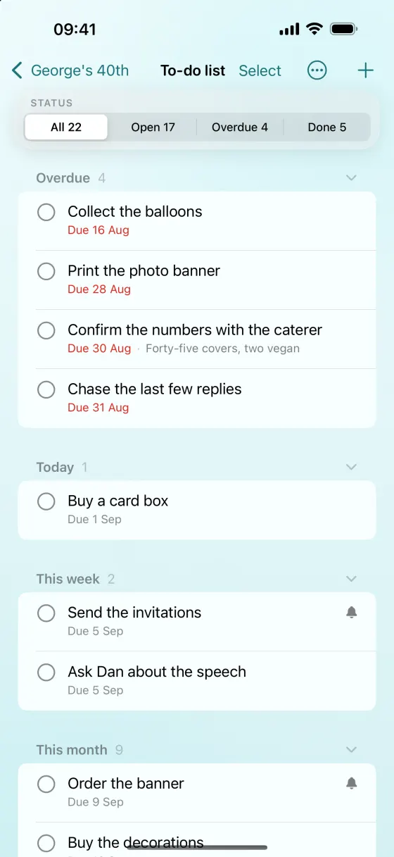 The to-do list on iPhone: the same tasks, with what is overdue at the top.