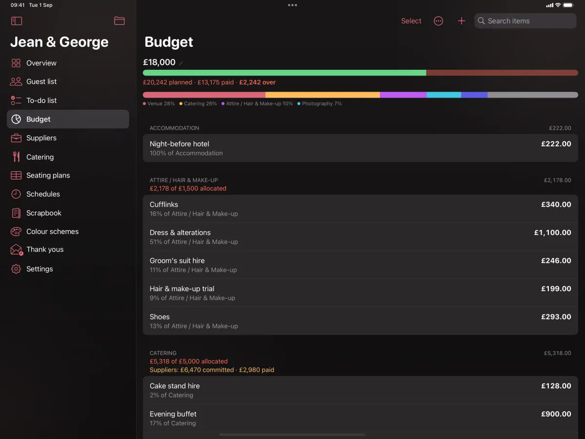 The budget on iPad: the total planned against what is committed, a bar breaking spending down by category, and each category listed with its own figures.
