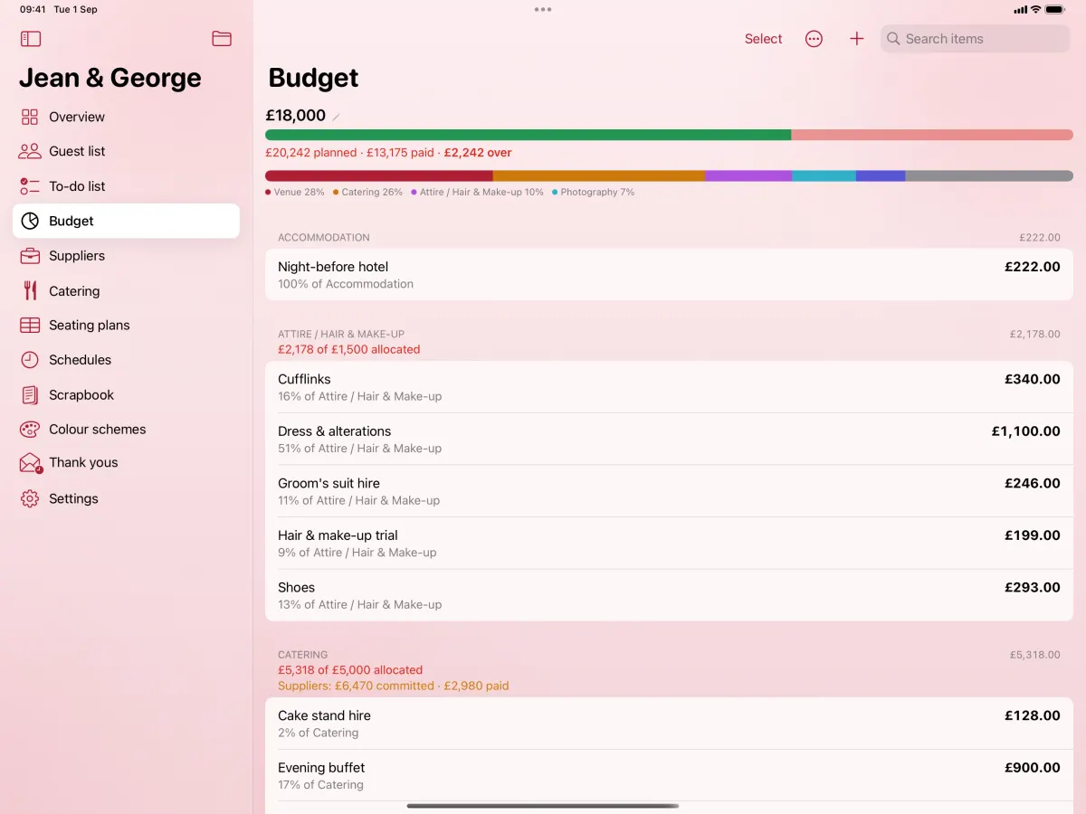 The budget on iPad: the total planned against what is committed, a bar breaking spending down by category, and each category listed with its own figures.