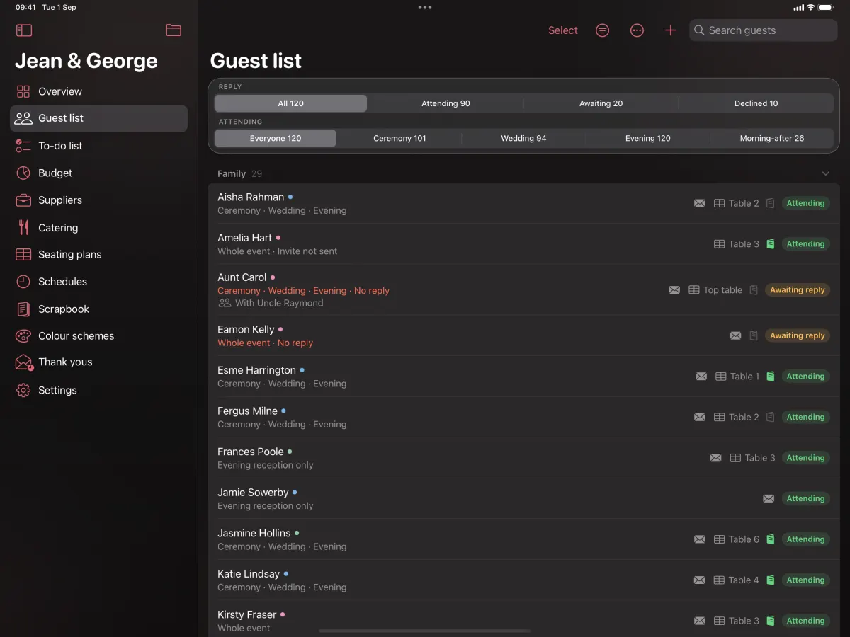 The guest list on iPad: guests grouped by household, each row showing their reply, who invited them and any dietary or access needs.