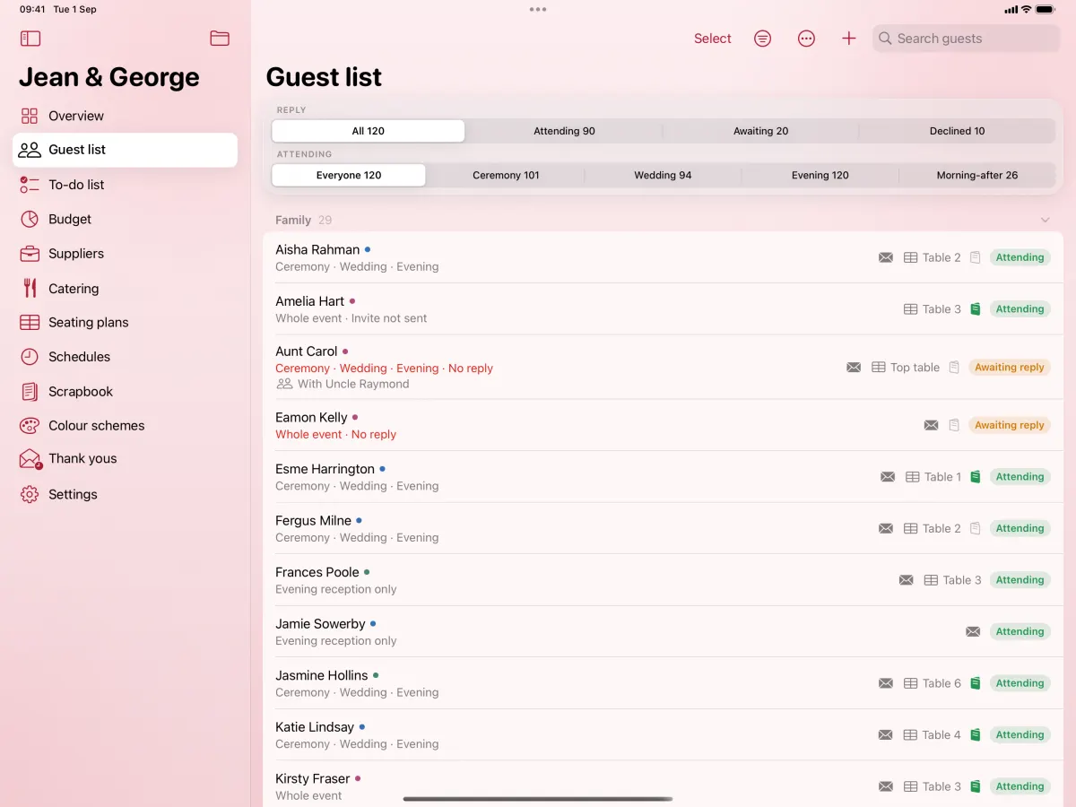 The guest list on iPad: guests grouped by household, each row showing their reply, who invited them and any dietary or access needs.