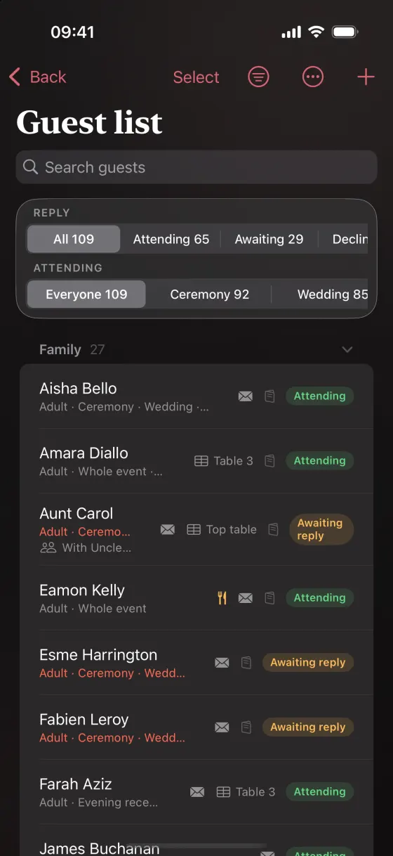 The guest list on iPhone: guests grouped by family, each row showing their reply, their table and any dietary or access needs.