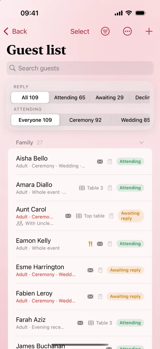 The guest list on iPhone: guests grouped by family, each row showing their reply, their table and any dietary or access needs.