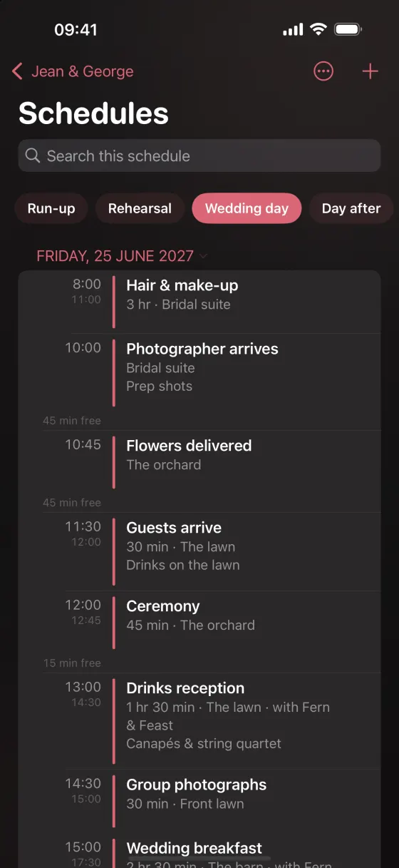 The running order on iPhone: the same day down the screen, times on the left and each entry with its length and place.