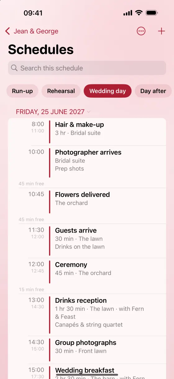 The running order on iPhone: the same day down the screen, times on the left and each entry with its length and place.