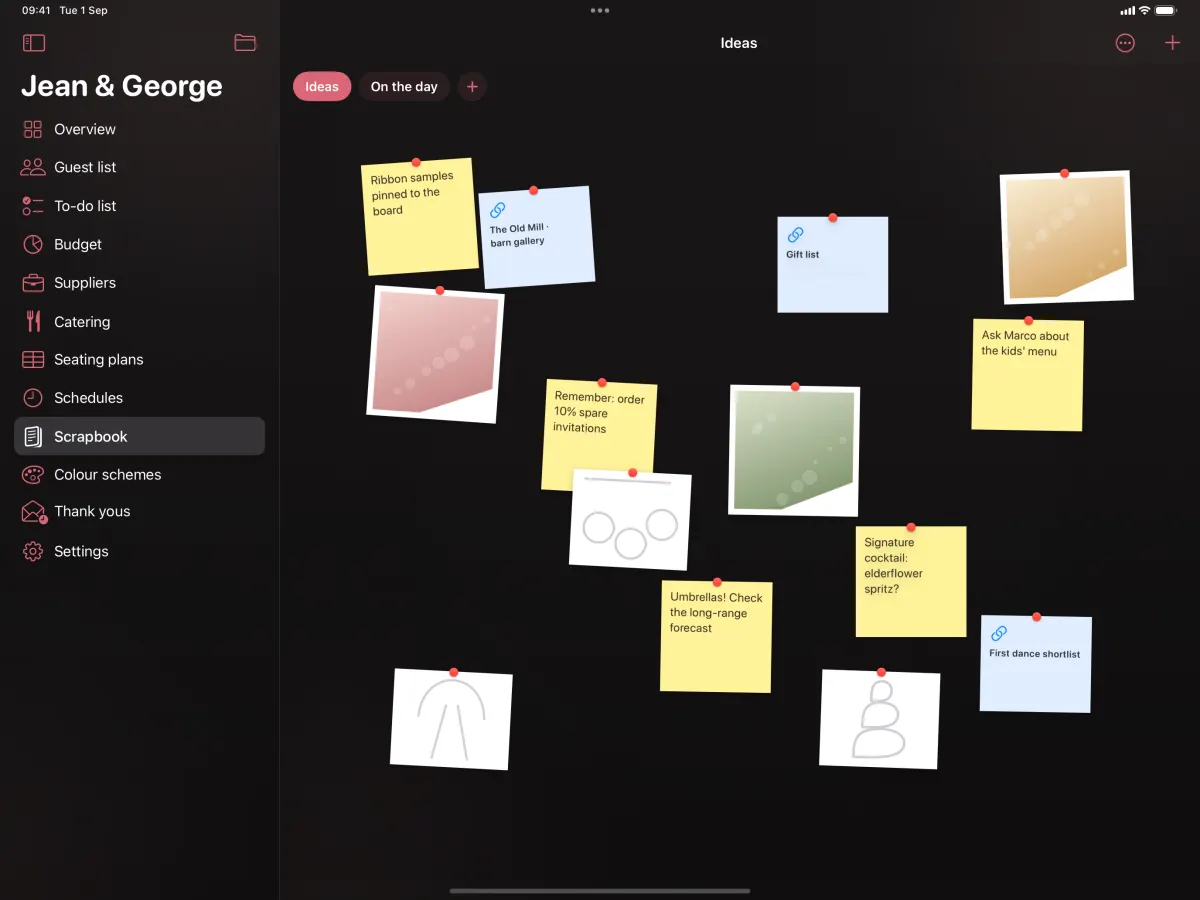 A scrapbook board on iPad: notes, photographs, links and sketches pinned across a wall.