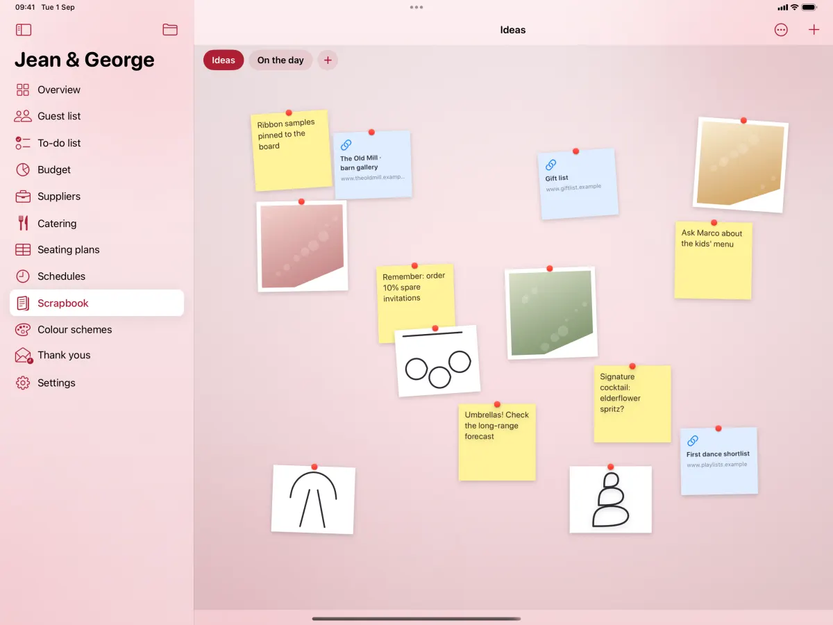 A scrapbook board on iPad: notes, photographs, links and sketches pinned across a wall.