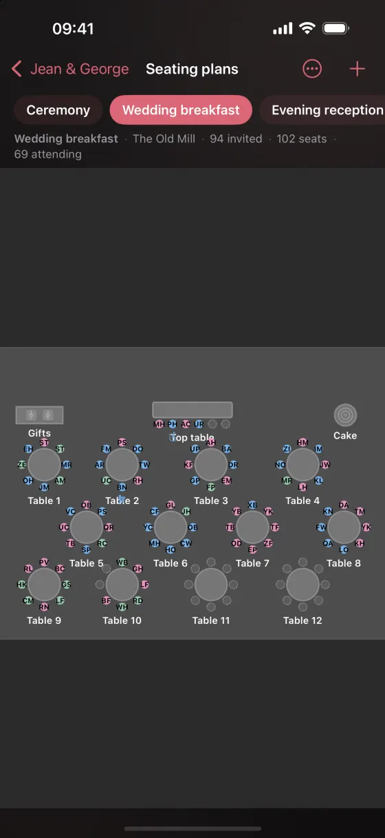 The same seating plan on iPhone, zoomed out to show the whole room with every table on screen.