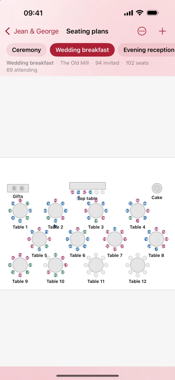The same seating plan on iPhone, zoomed out to show the whole room with every table on screen.