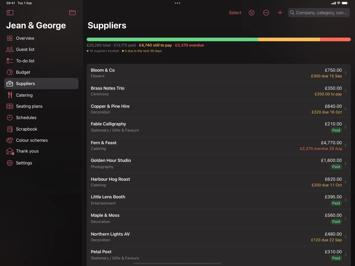 The supplier list on iPad: a bar showing paid, still to pay and overdue across the top, then each supplier with its category, total and what is due next.