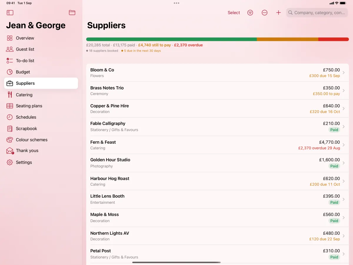 The supplier list on iPad: a bar showing paid, still to pay and overdue across the top, then each supplier with its category, total and what is due next.