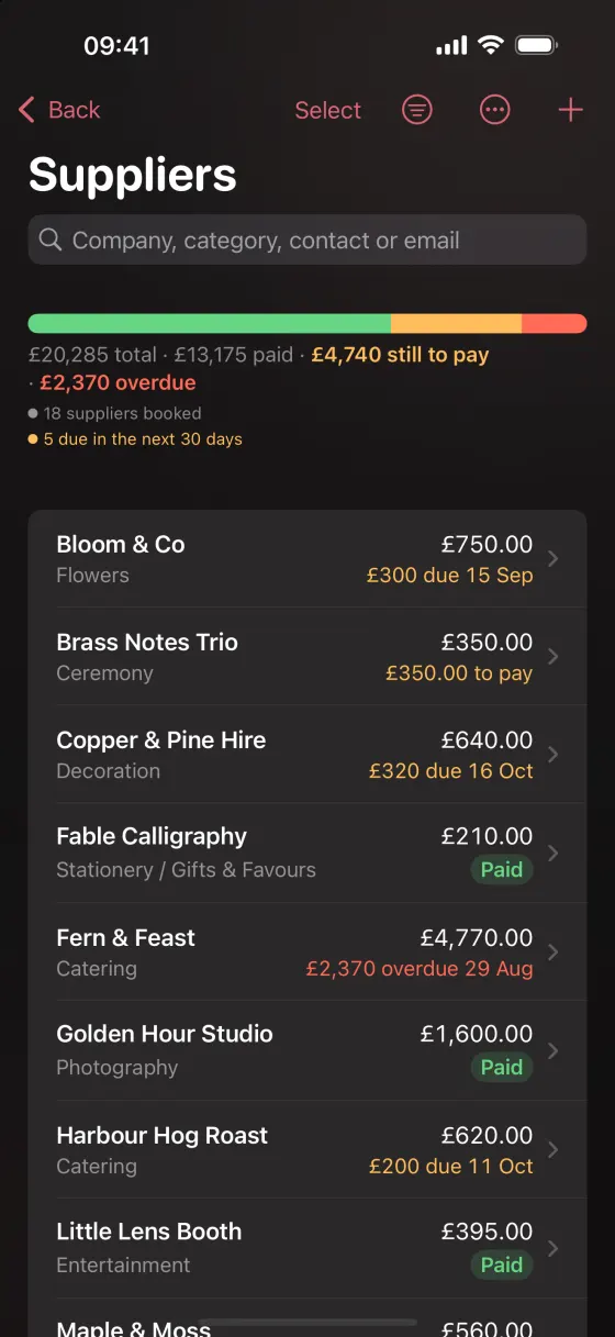 Suppliers on iPhone: the same totals, then each company with what is left to pay.
