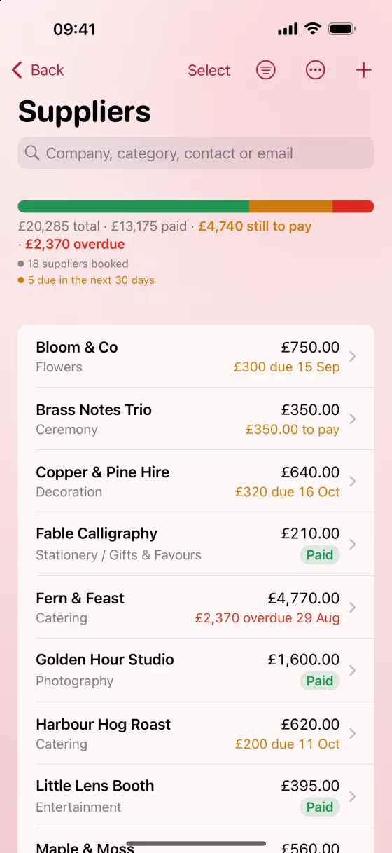 Suppliers on iPhone: the same totals, then each company with what is left to pay.
