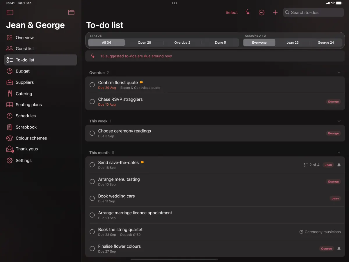 The to-do list on iPad: tasks with their due dates, the overdue ones marked, and who each one belongs to.