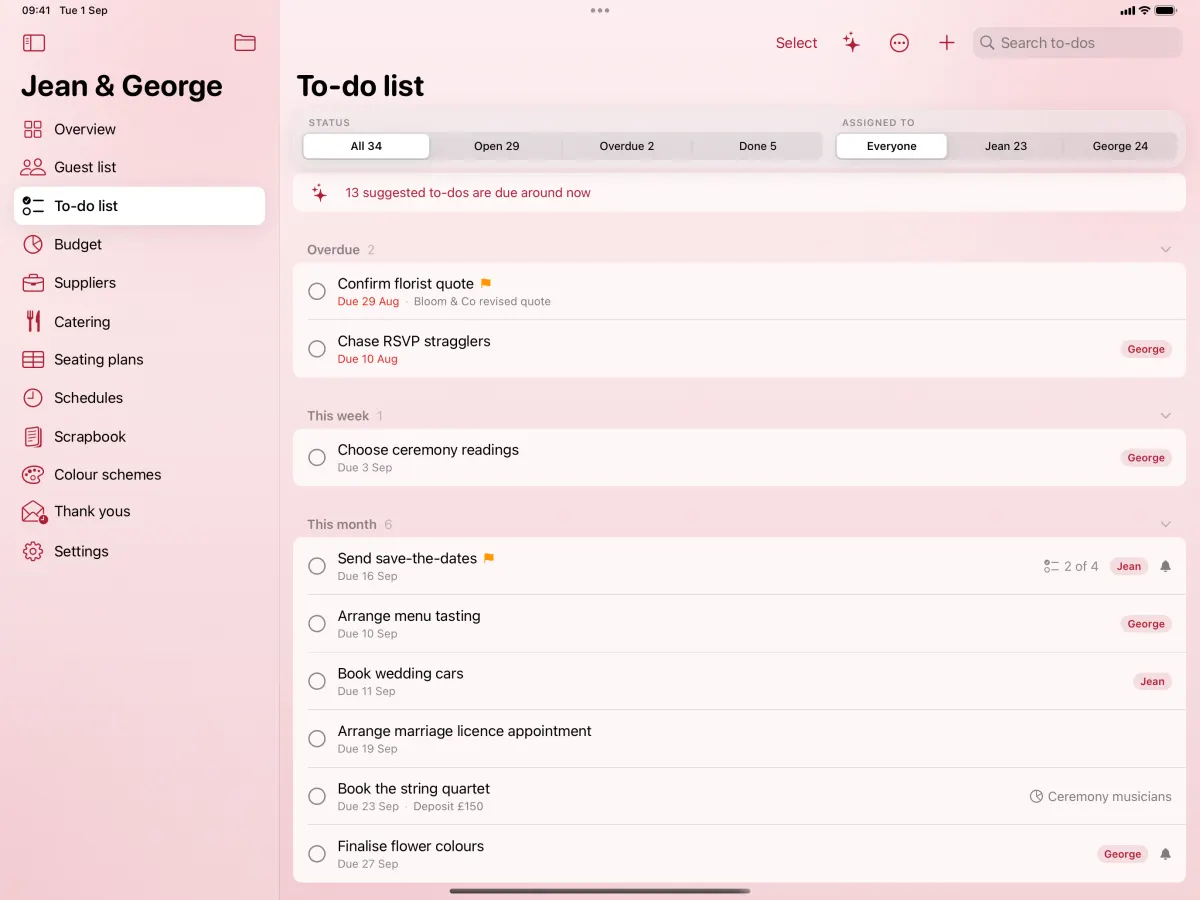 The to-do list on iPad: tasks with their due dates, the overdue ones marked, and who each one belongs to.